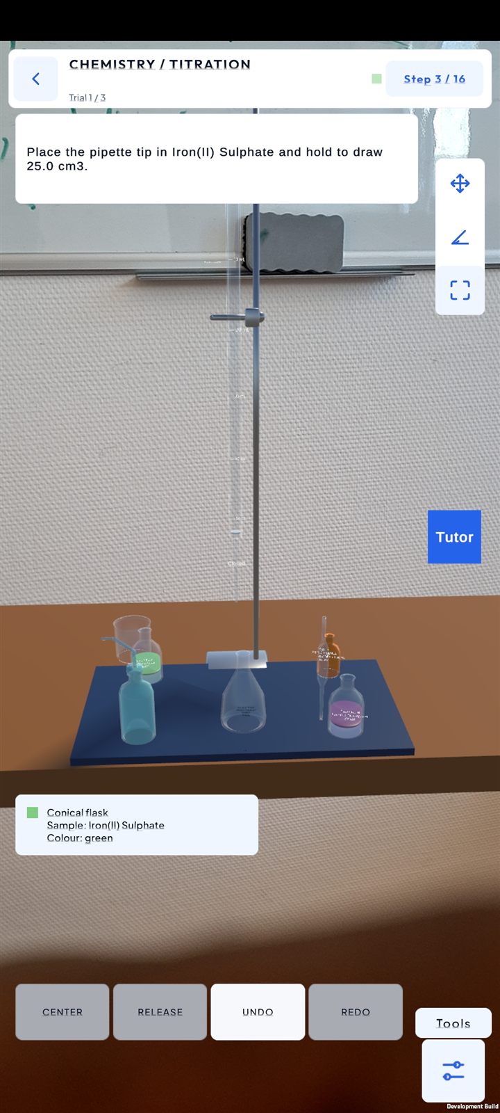 EnvisionEd Chemistry titration apparatus placed in a real classroom using Mobile AR